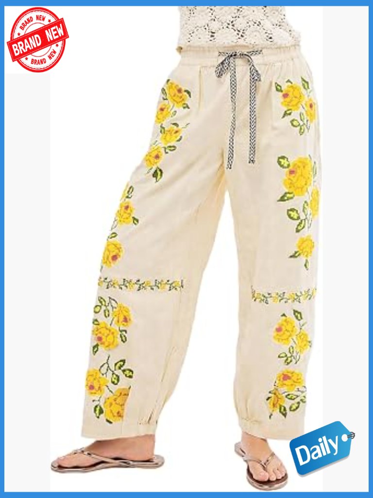Mid Rise Floral Embroidered Wide Leg Barrel Jeans Baggy Denim Pants